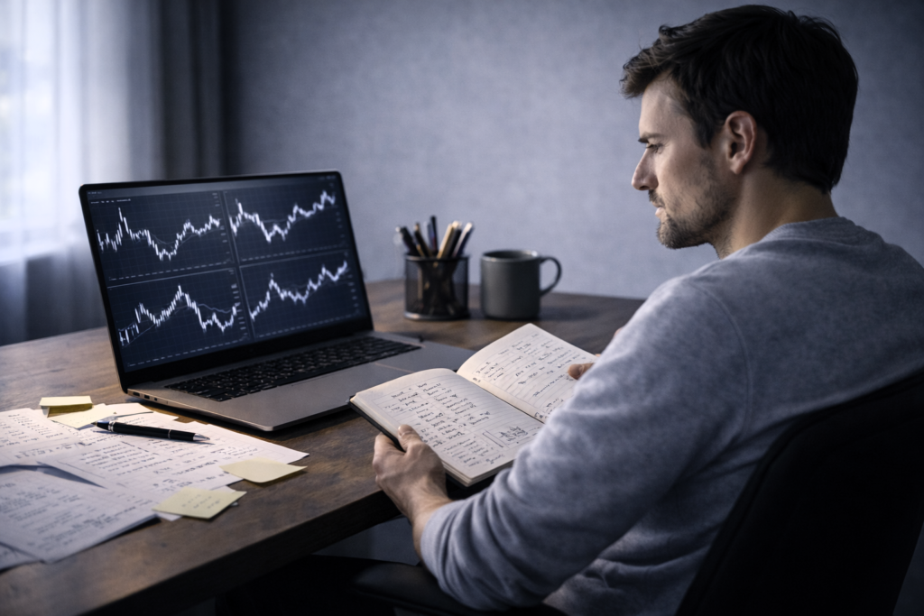 Trader reviewing consistent trading behavior and repeated chart setups to improve decision-making