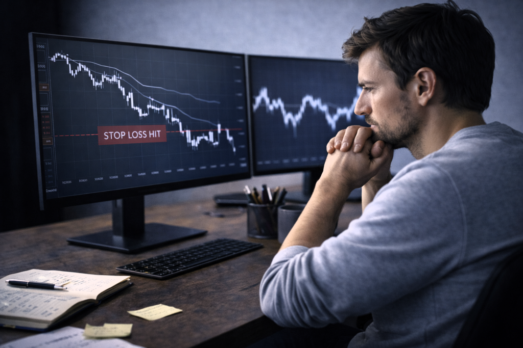 Trader calmly reviewing a losing trade to learn and maintain discipline