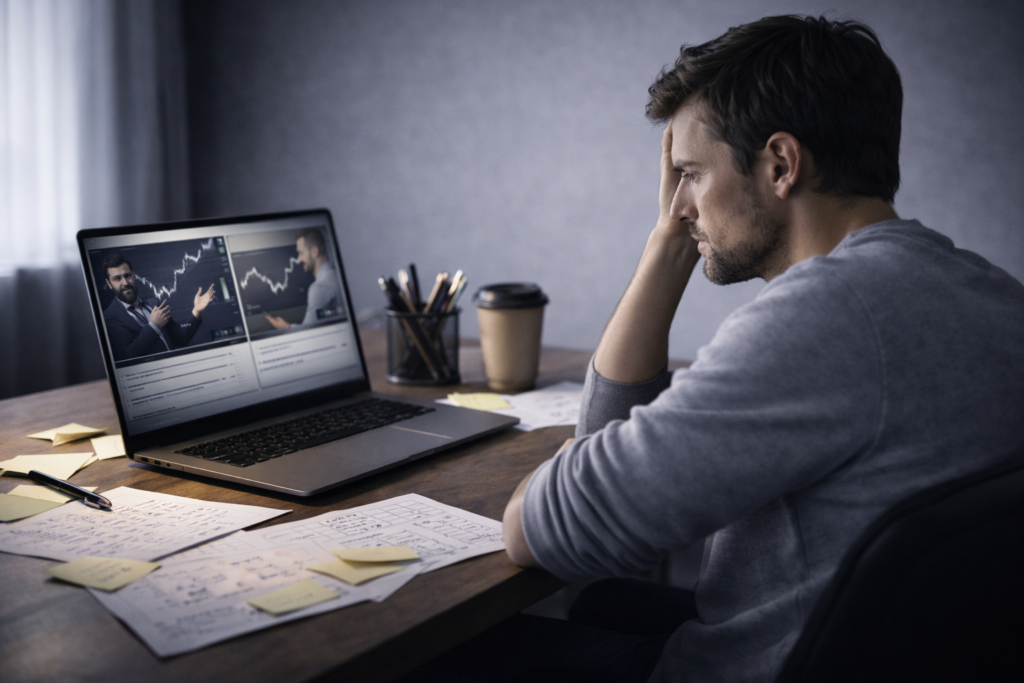Retail trader reviewing online trading education content, illustrating learning overload and decision uncertainty