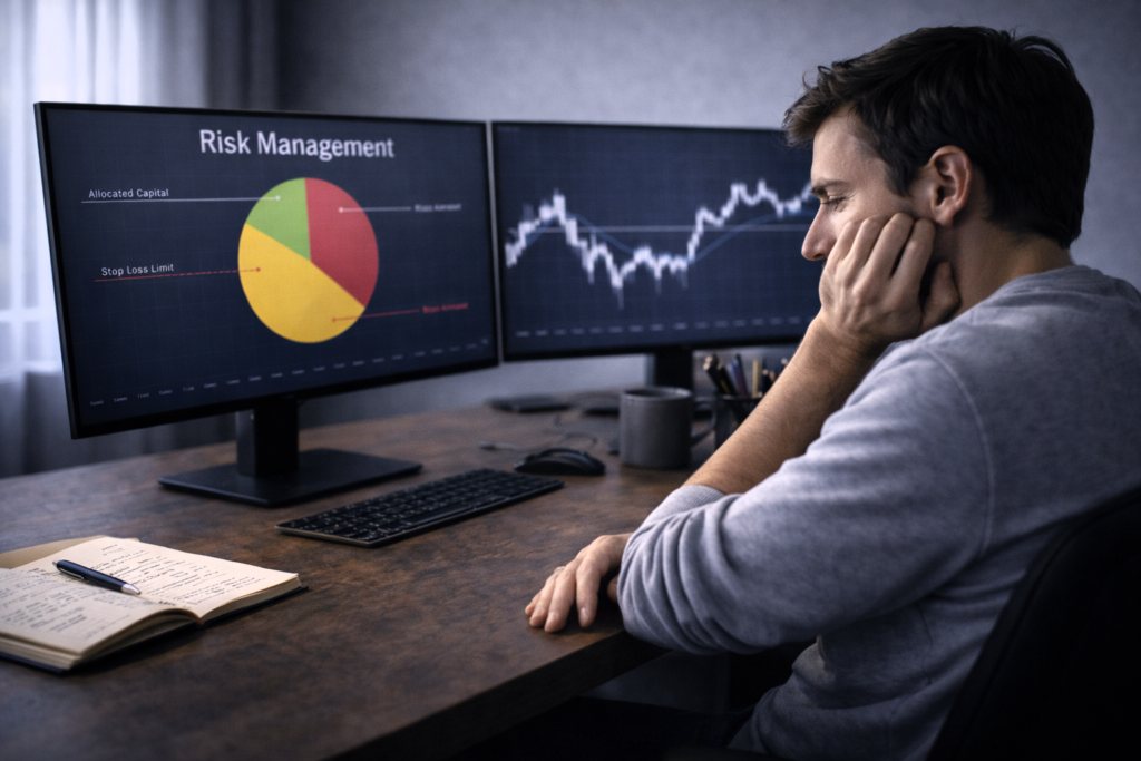 Trader calculating position size and risk before entering a trade to protect trading capital